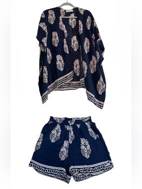 Extraordinary BKT 2pc Set Kimono Cardigan & Shorts Navy Blue Floral Boho S/M